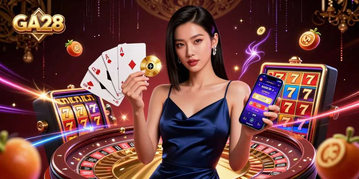 GA28 captures the excitement of online slots with a stunning woman showcasing her casino app.
