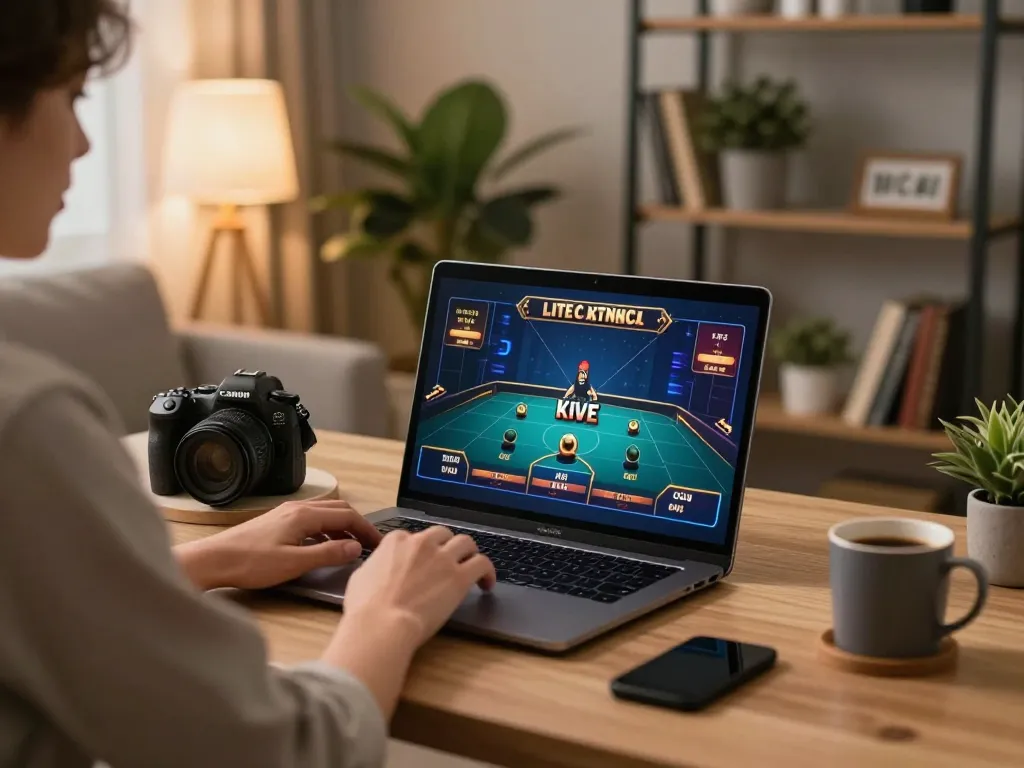 Player enjoying online games at home with 777x casino app on laptop and strategically placed notes.