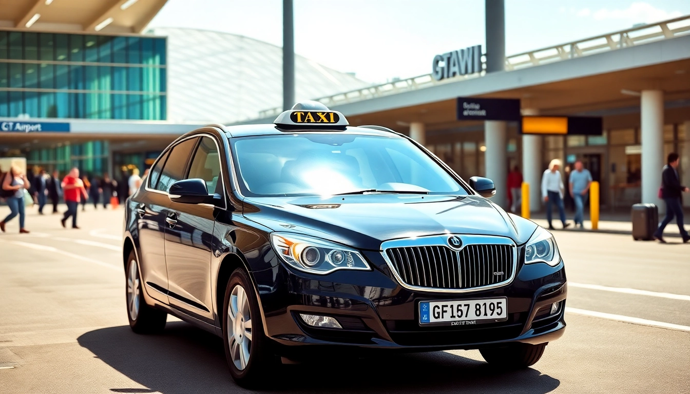 Gatwick airport taxi service showcasing a sleek cab ready for passengers at the terminal.