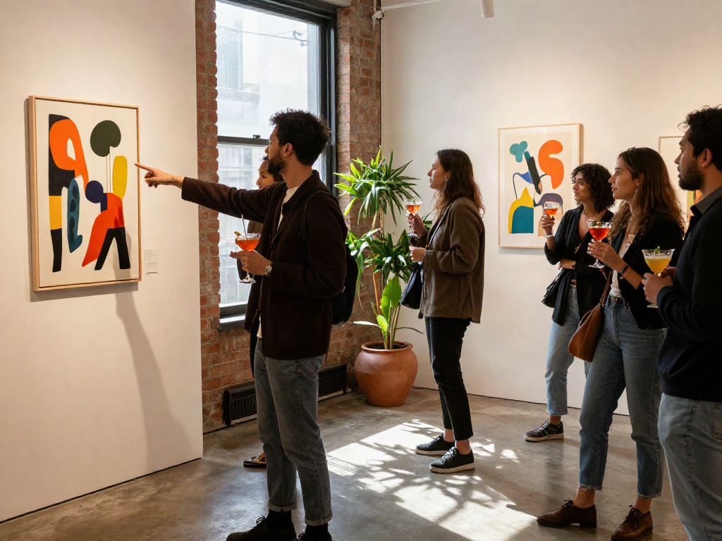 Social gathering at an art gallery showcasing NSFW abstract artwork with friends enjoying the atmosphere.
