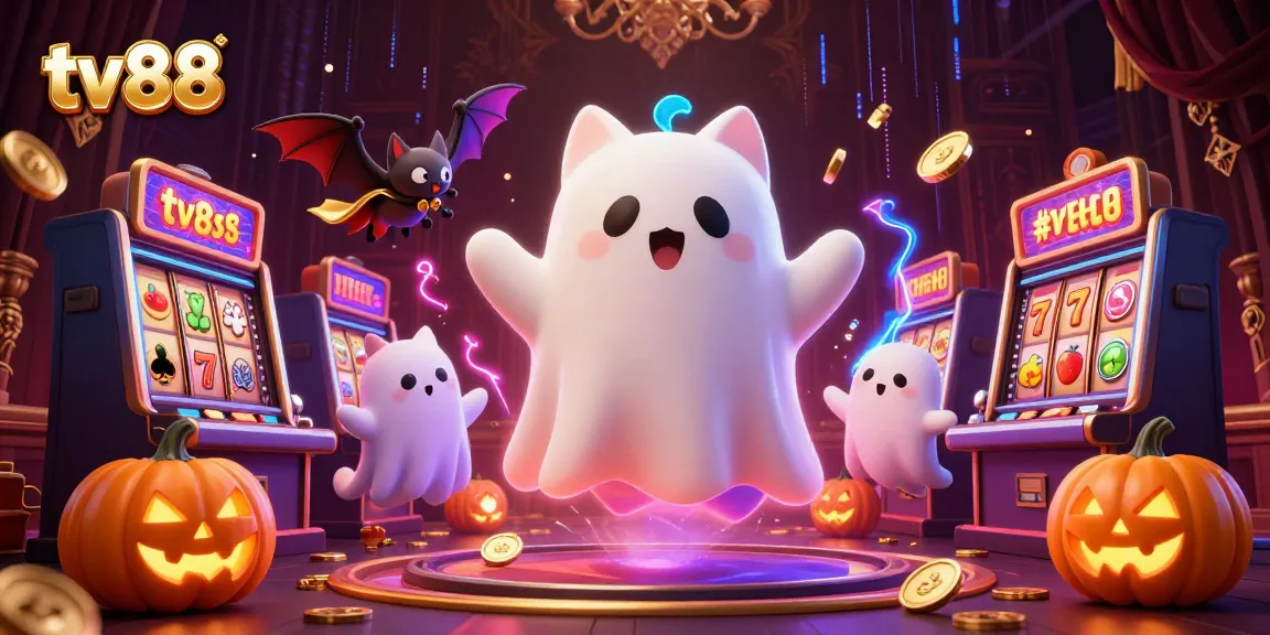 Experience thrilling casino action with tv88 in this vibrant illustration of a ghost cat and bat.