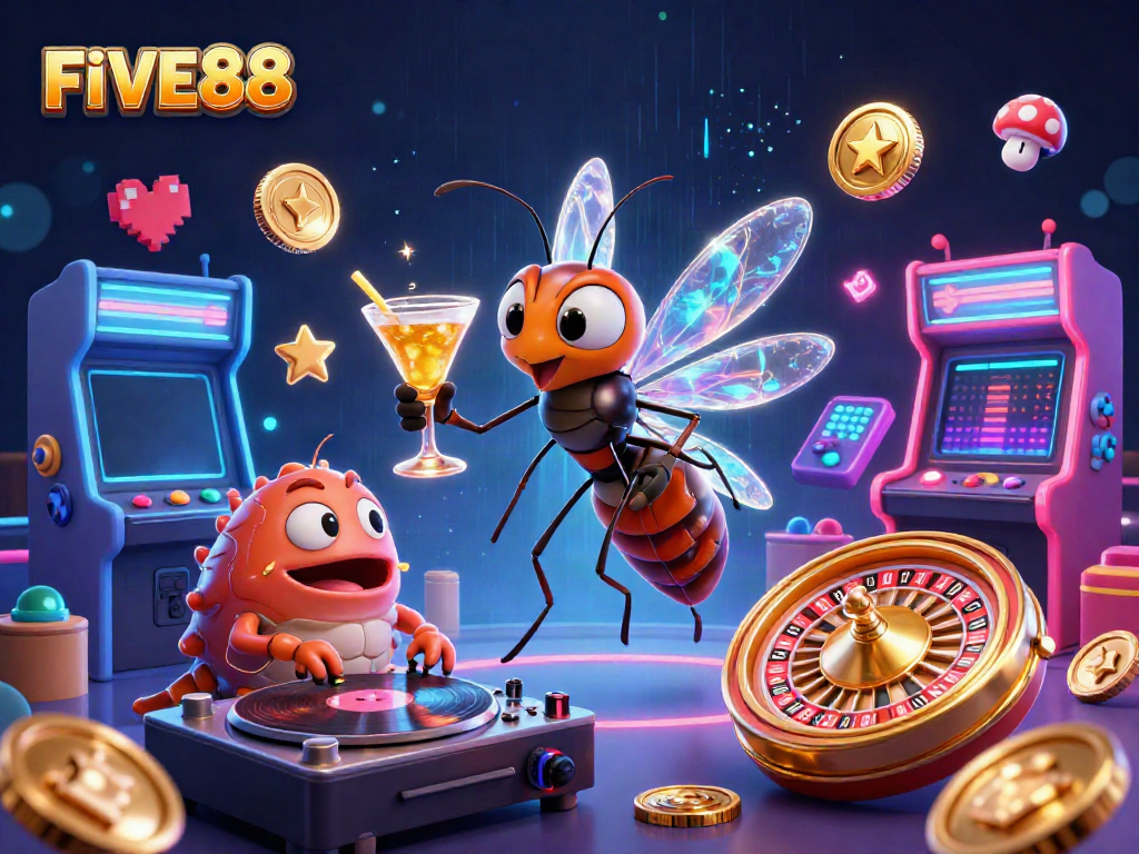 Experience the excitement of gambling at FIVE88 with this vibrant 3D casino illustration.