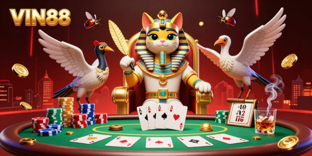 Engage with VIN88's vibrant casino atmosphere featuring a pharaoh cat and poker dynamics.