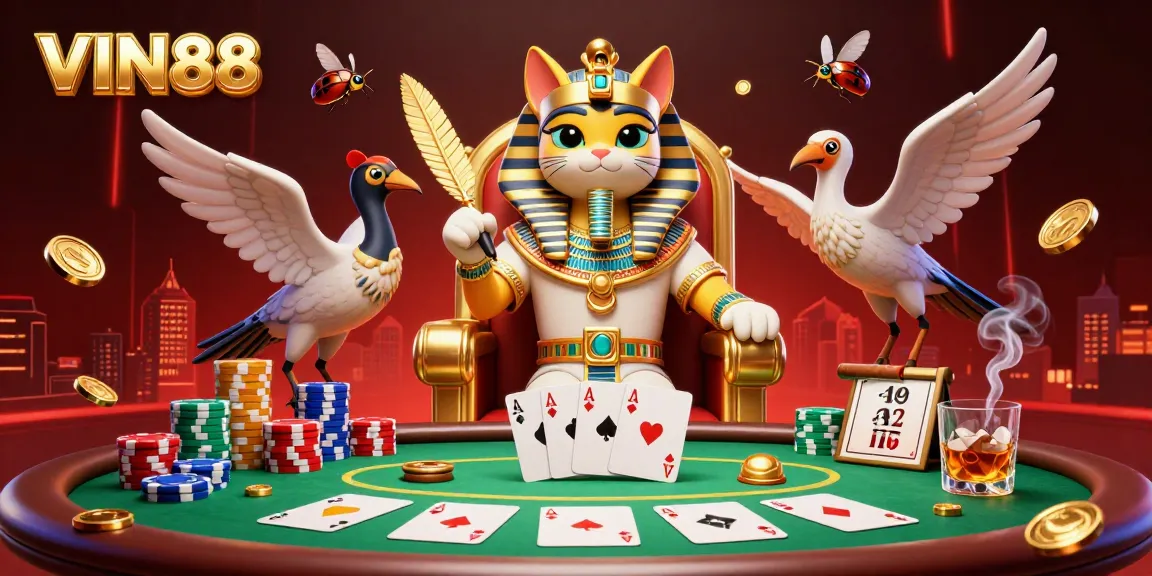 Engage with VIN88's vibrant casino atmosphere featuring a pharaoh cat and poker dynamics.