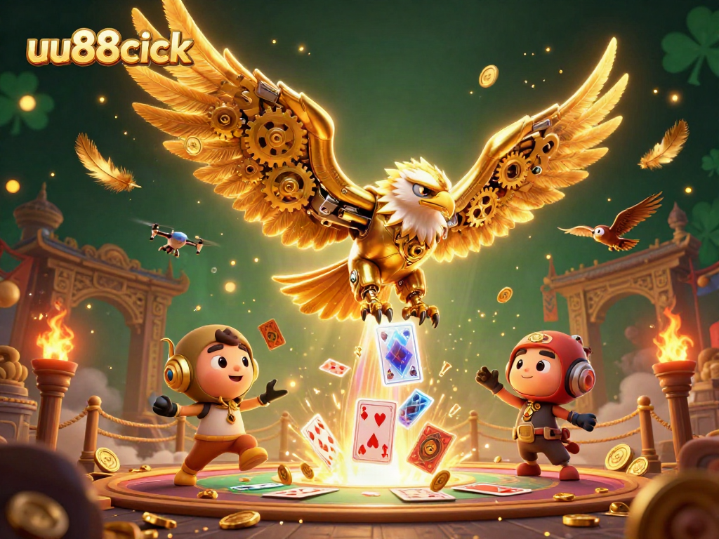 Experience thrilling action with uu88click's 3D cybernetic eagle diving through holographic cards.
