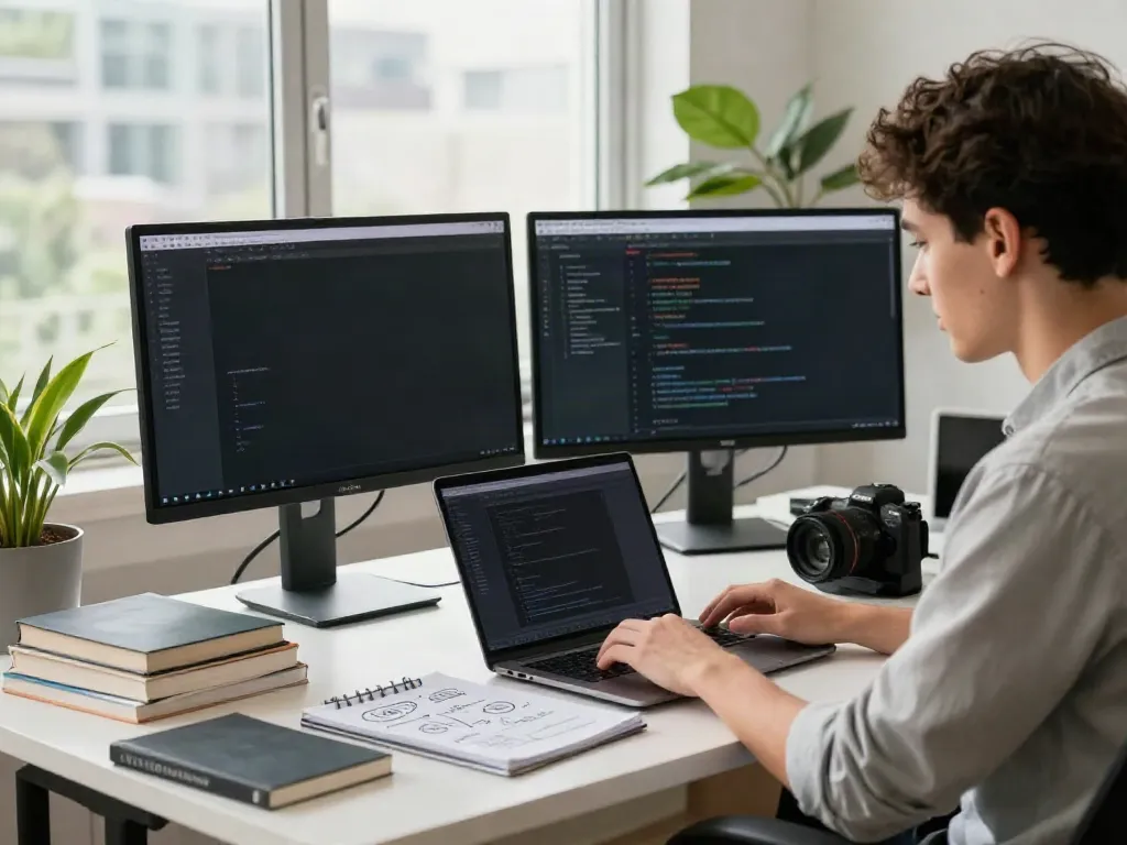 Developer creating a site web at a modern workspace with dual monitors and natural light.