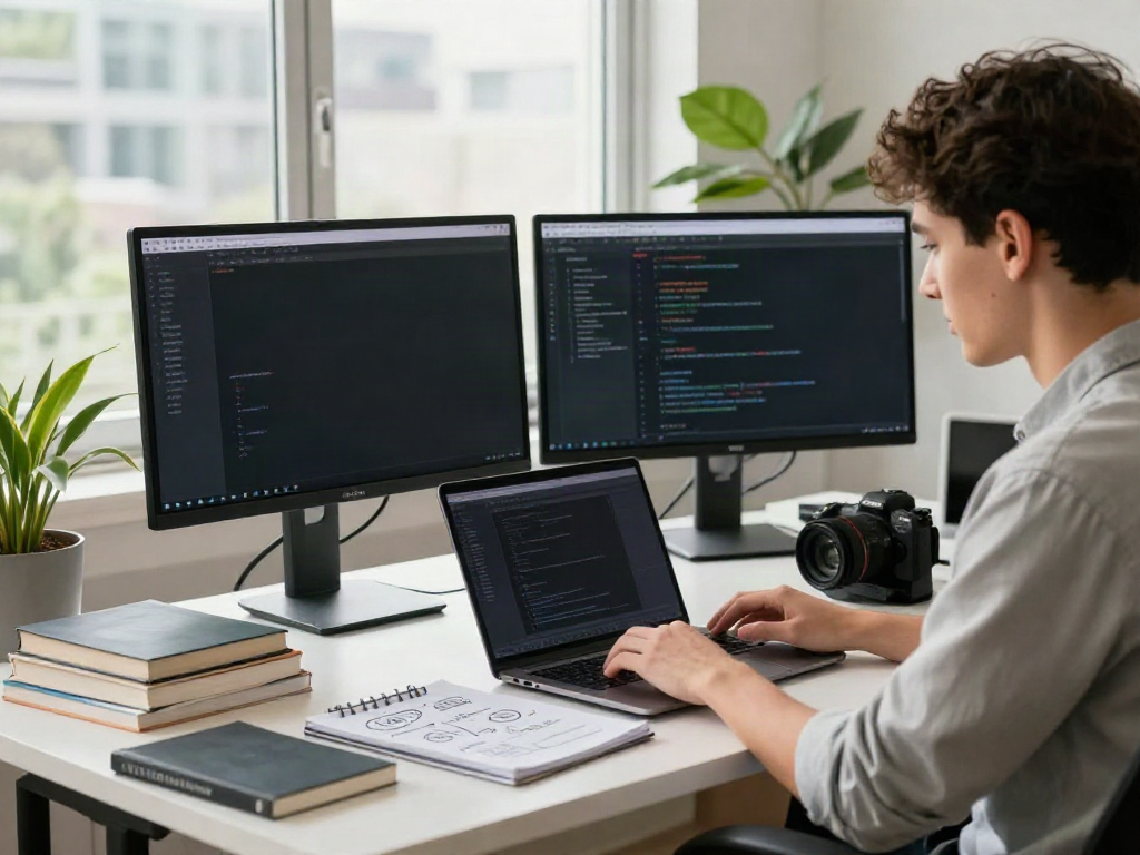 Developer creating a site web at a modern workspace with dual monitors and natural light.