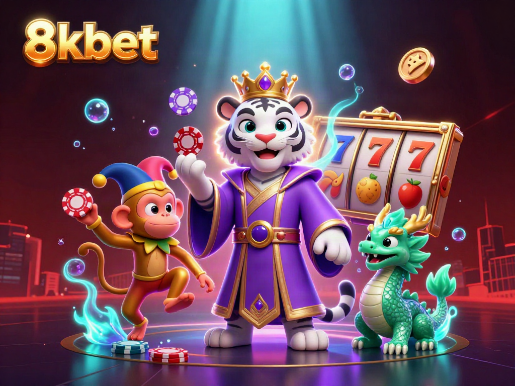 Experience dynamic gaming action with 8xbet, featuring lively characters in a vibrant casino scene.