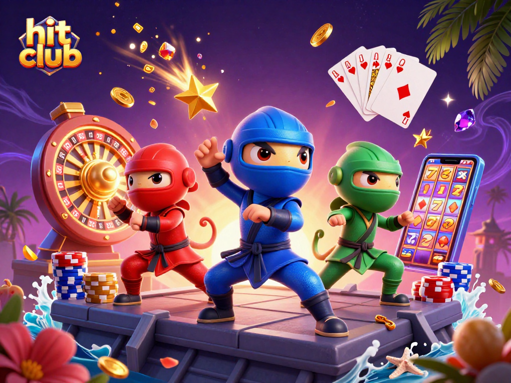 Hit club illustration of ninja chameleons celebrating with golden coins and a spinning roulette.