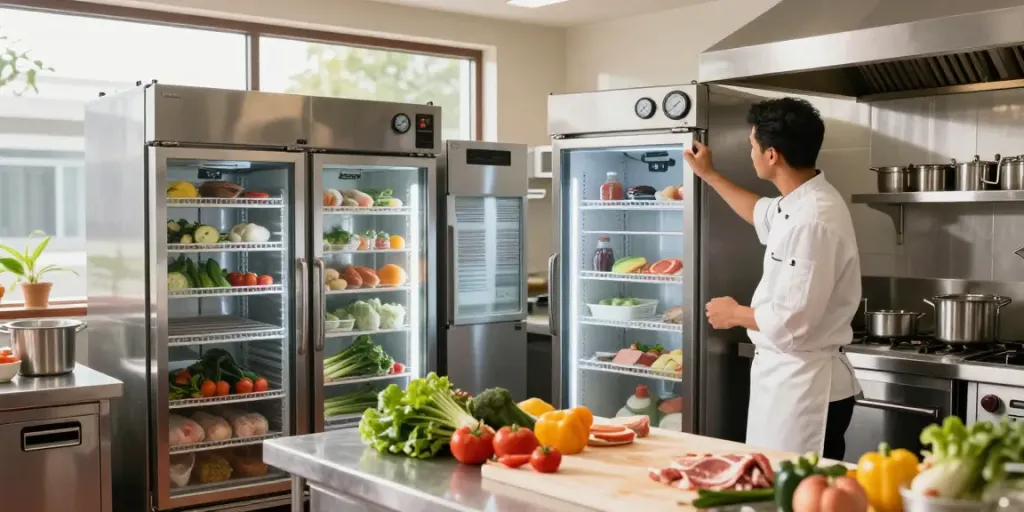 Chef checking commercial refrigeration units in a modern kitchen, showcasing food safety and storage.