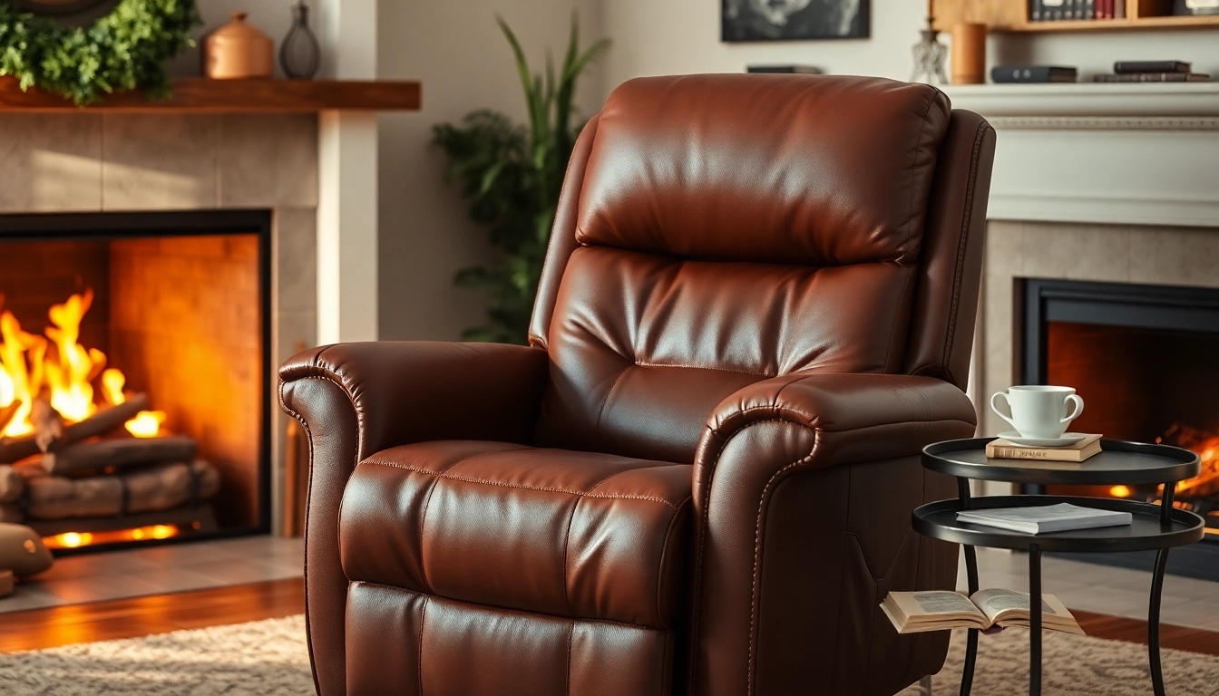 Comfortable leather lift chair nestled by a fireplace, inviting relaxation and warmth.