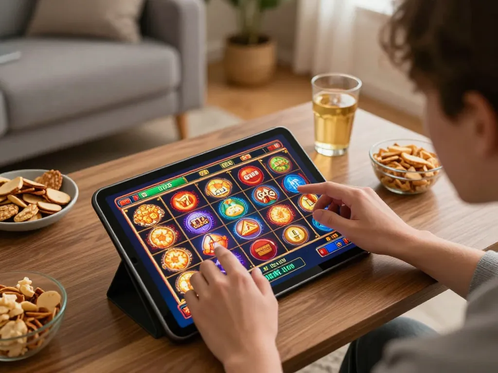 Engaging online gaming session with tablet showing hu slots in colorful graphics, set in a cozy atmosphere.