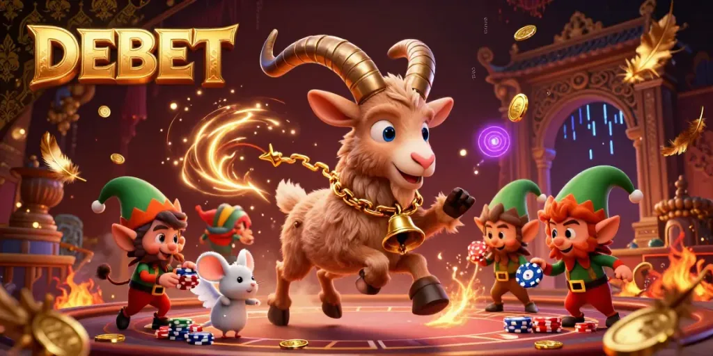 Experience the dynamic world of DEBET where a Krampus goat presides over a vibrant holiday-themed casino full of exciting elements.