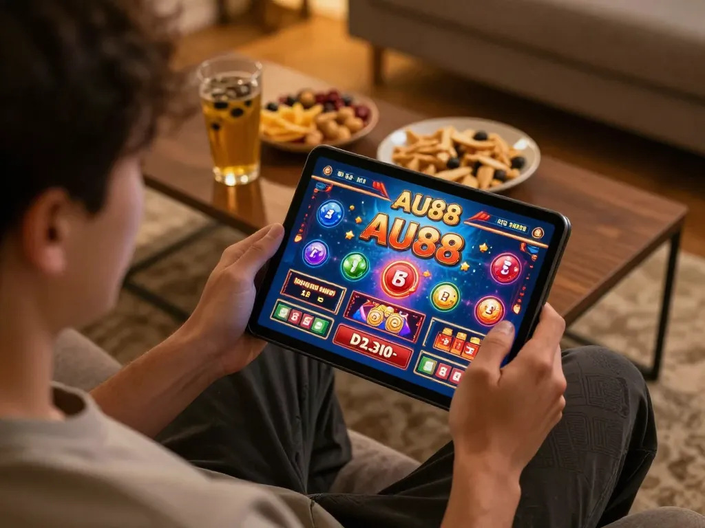 Engaging player enjoying an online game at AU88, cozy home setting with warm lighting and snacks.
