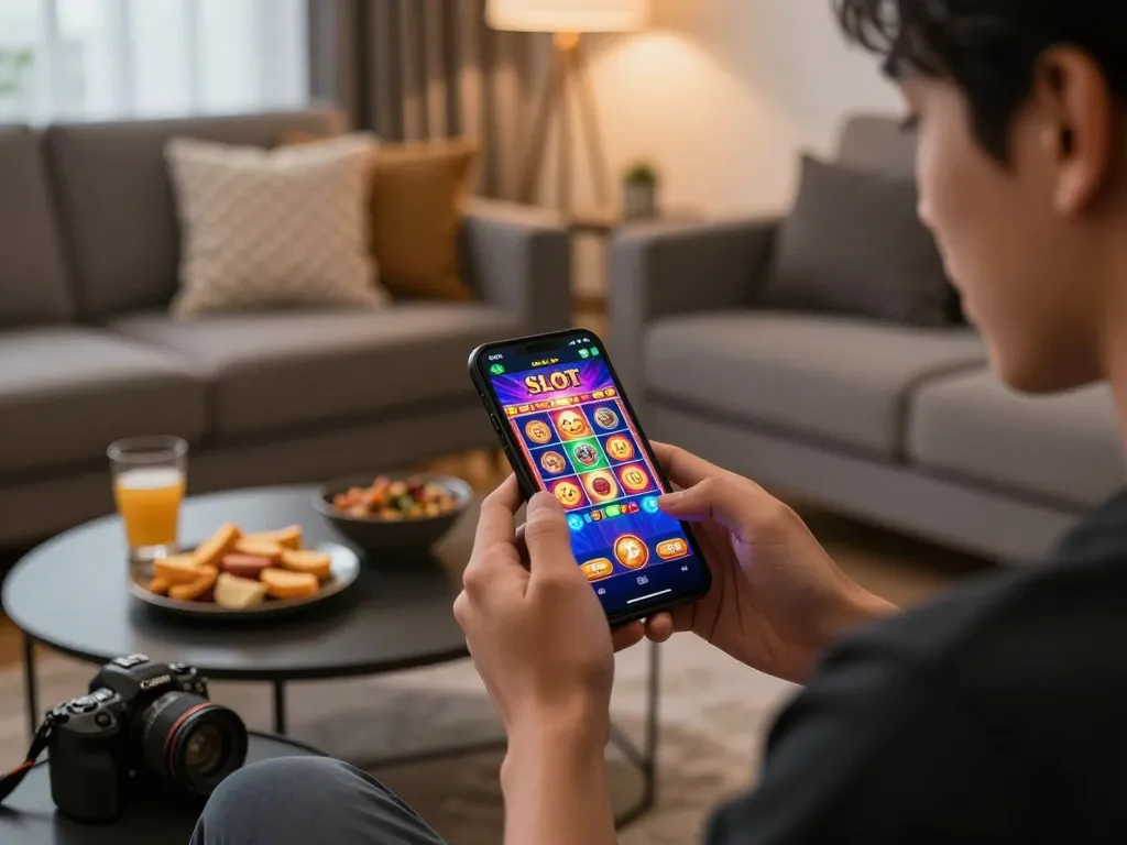 Engaging Slot Malaysia mobile casino gameplay showing a player excitedly using a smartphone with a vibrant game interface.