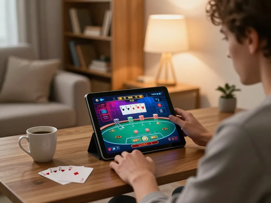 Engaging with LV88 online casino platform, showcasing vibrant poker gameplay on tablet in a cozy living room.