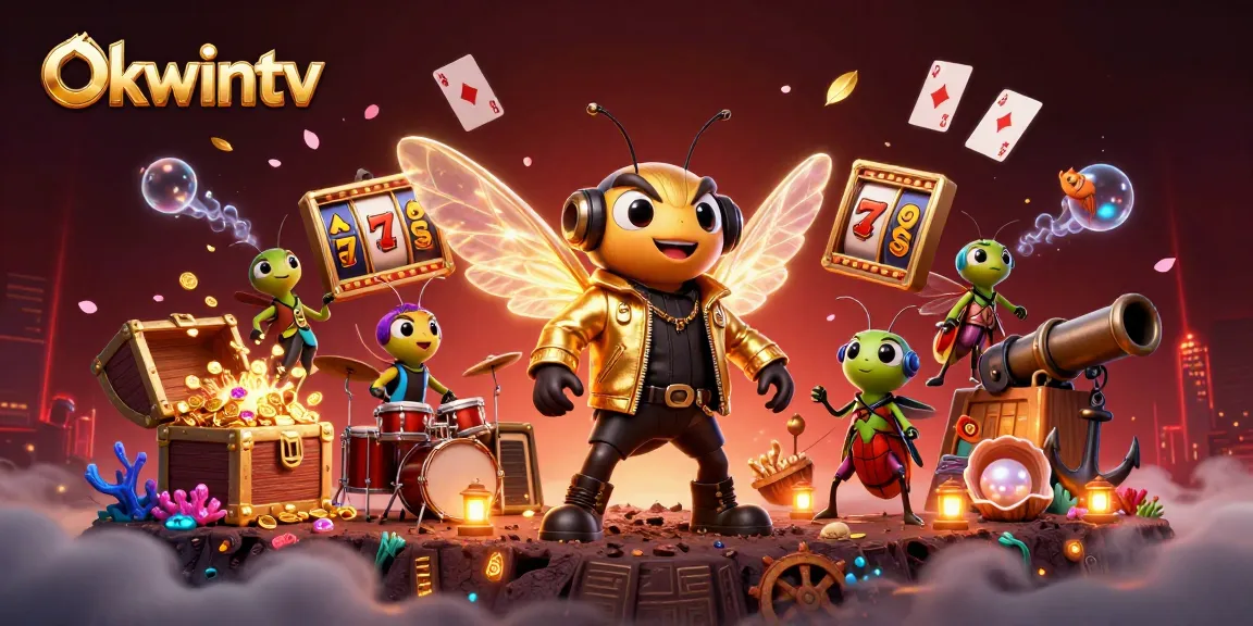 Engage with Okwintv as a vibrant 3D scene showcases a rock star cicada in an electric environment, immersing in thrilling gaming.