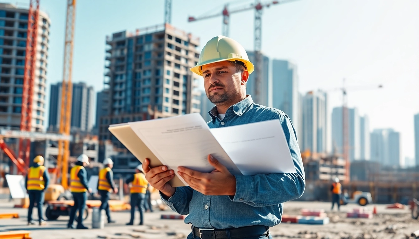 New Jersey Construction Manager coordinating a construction site with plans and a tablet.