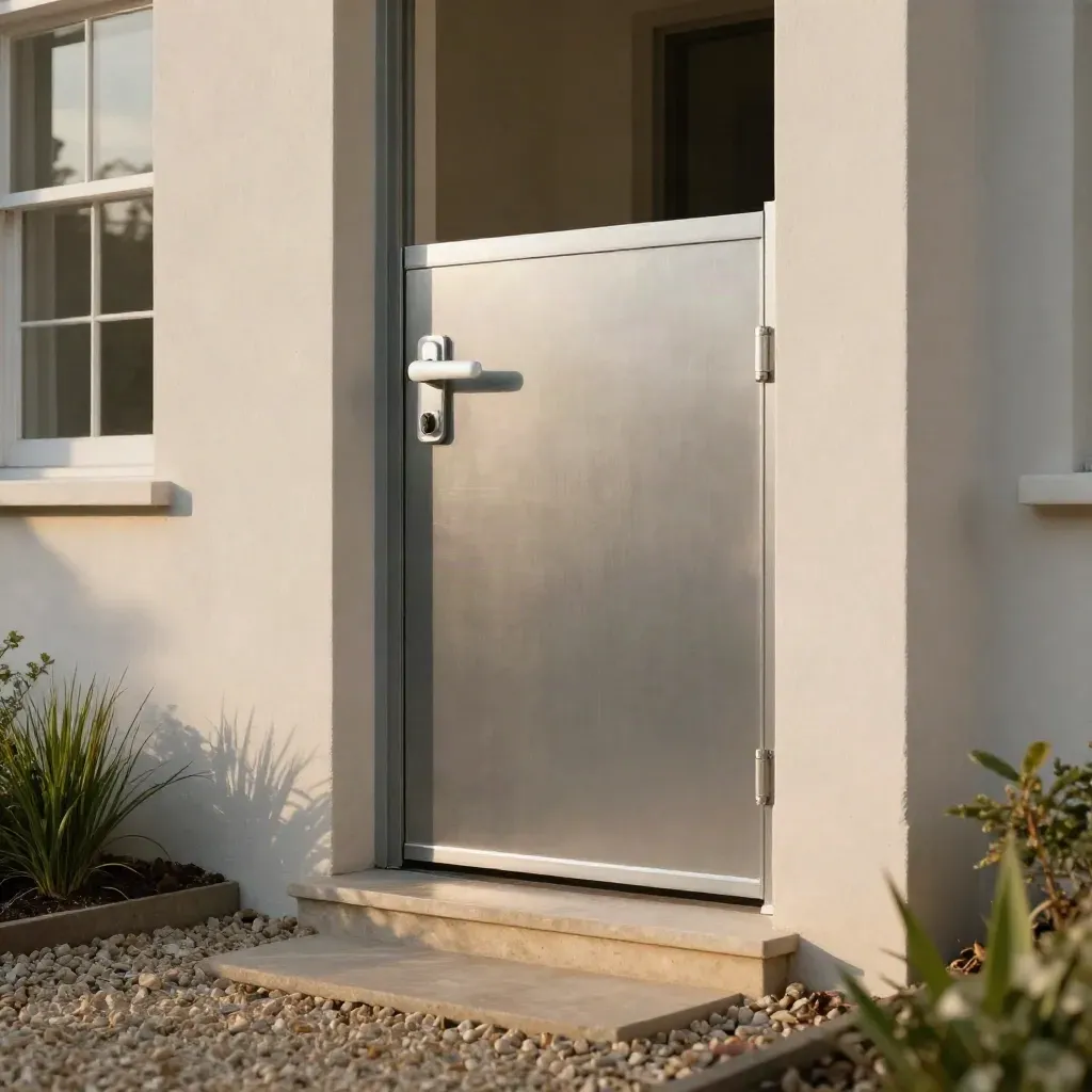 Freshly fitted steel pedestrian door beside masonry and gravel in soft morning light.