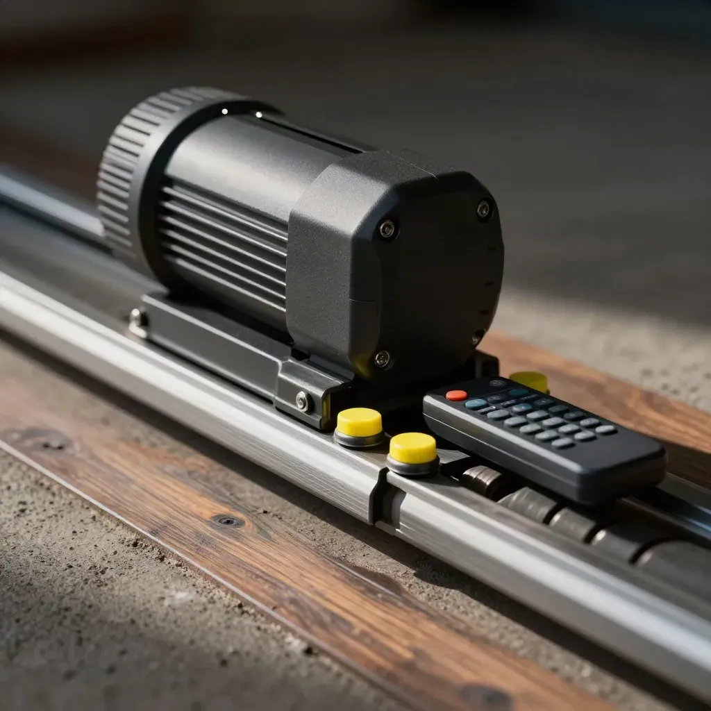 Sliding gate opener, safety beams and remote fob beside a moving track on concrete.