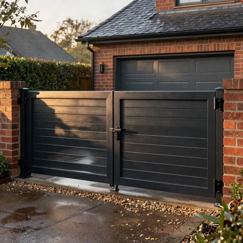 Matte-black driveway gate, garage door and side door on a wet brick home at golden hour.
