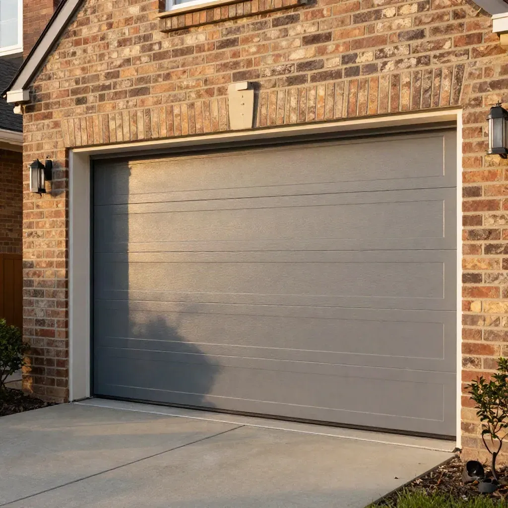 Fresh sectional garage door on a suburban frontage with crisp trim and warm grey finish.