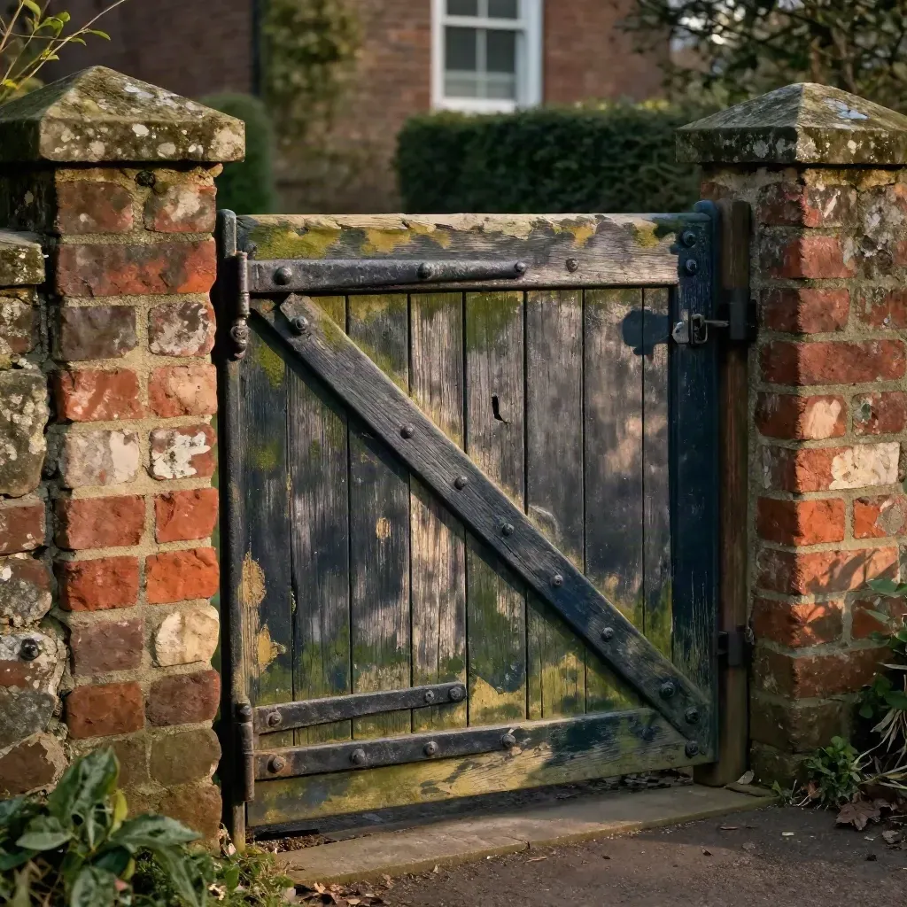 Repaired estate gate level against cracked brick with fresh hinge plates and latch.