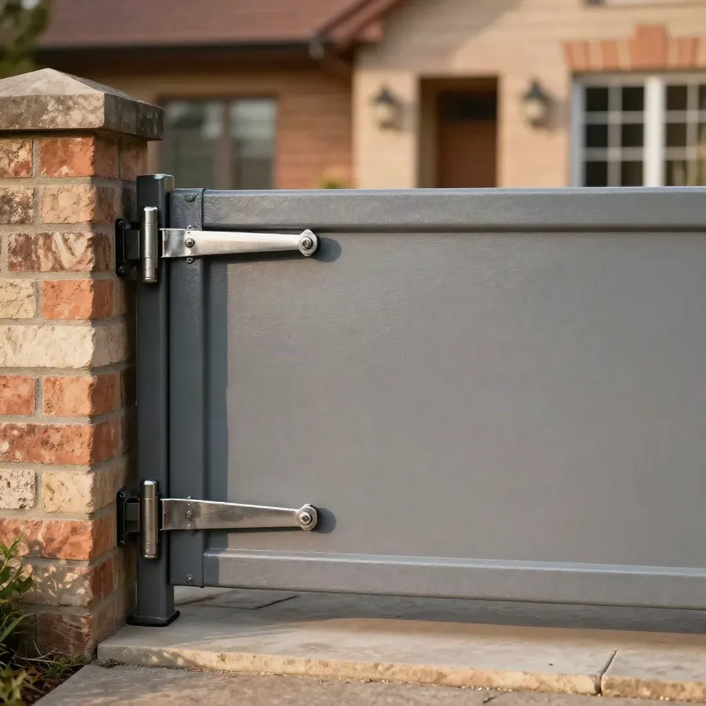Serviced driveway gate mid-swing beside brick piers in warm afternoon light