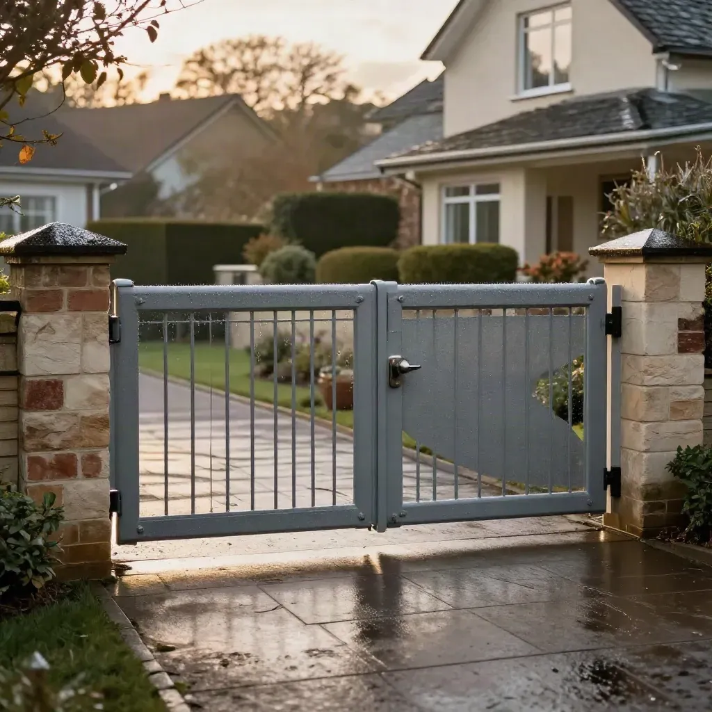 Finished steel swing gate on a suburban driveway after replacement, wet paving and soft evening haze.