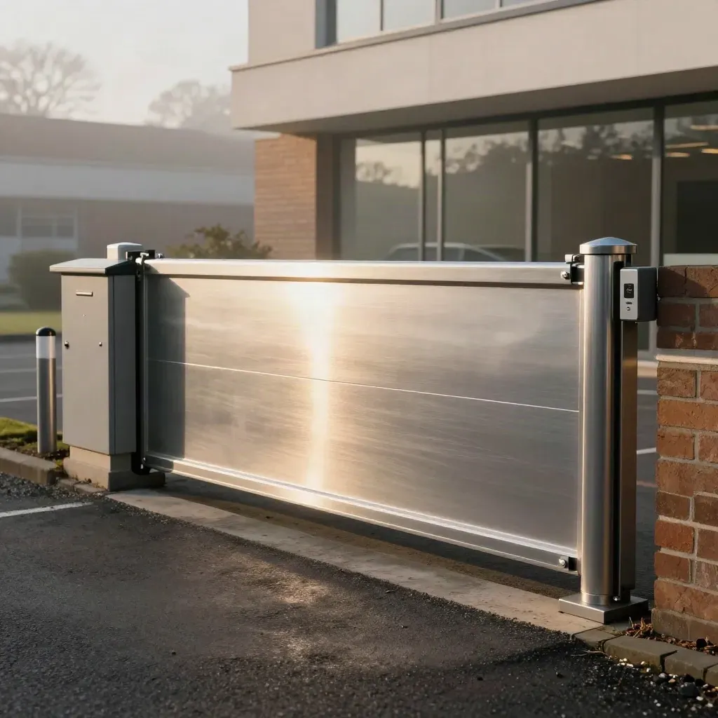 Sliding office gate with control box, beam posts and intercom on a gravel forecourt in morning light.