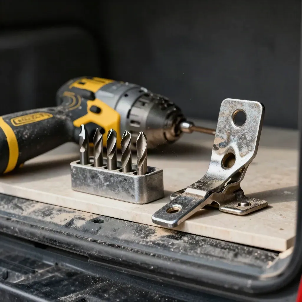 Macro of an impact driver, masonry bits and gate hinge plate on a scuffed van shelf with yellow accents.