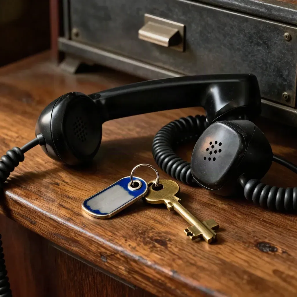 Macro still life of a service handset, brass key and coiled cable on a dark bench, lit dramatically.