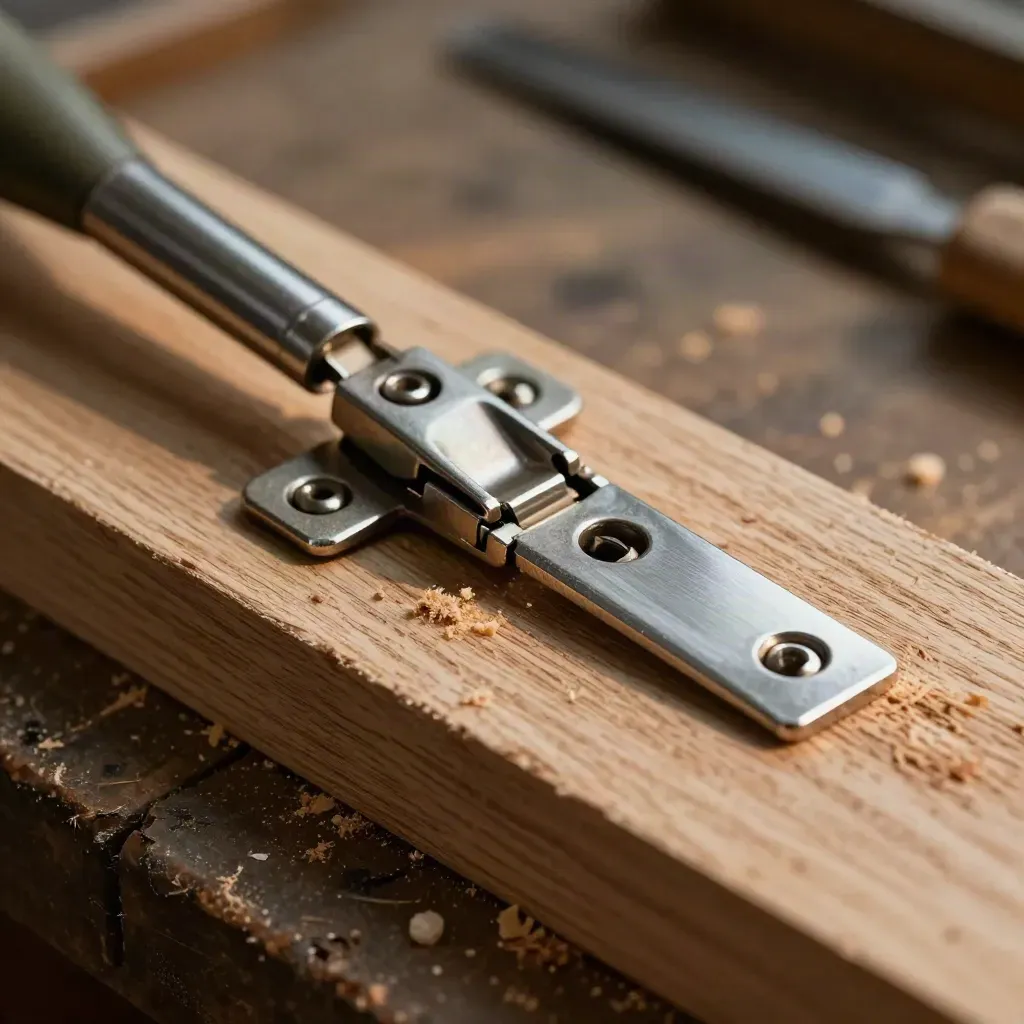 Mortise lock case, hinge knuckles and chisel on timber offcut in a joinery workshop close-up.