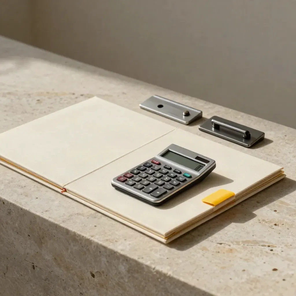 Quote folder, calculator and hardware plates on pale stone with soft side light.