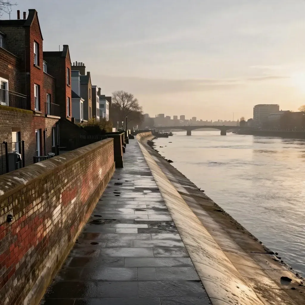 Hazy Thames skyline with brick terraces and a distant bridge over calm river water.