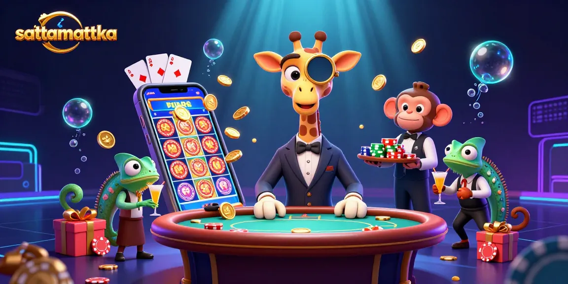 Engage in Satta Matka excitement with a vivid 3D scene featuring a giraffe, monkey, and chameleon in a casino