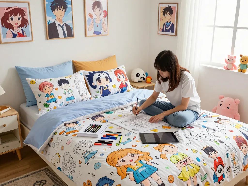 Custom body pillow cases enhance a cozy bedroom with vibrant anime designs and artist's supplies.