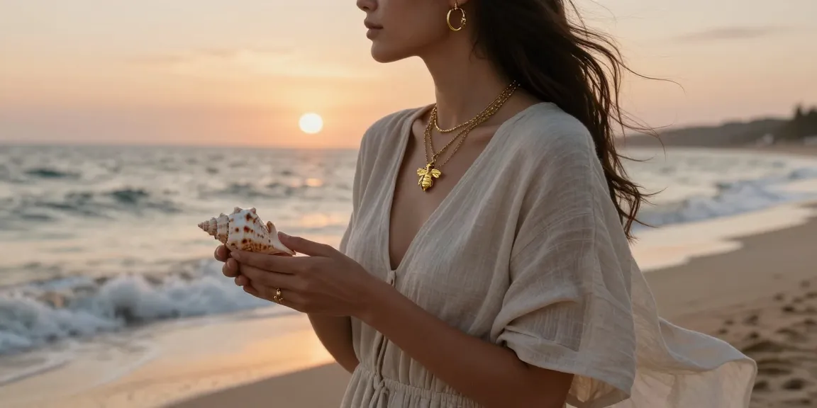 Timeless jewellery UK displayed beautifully against a serene beach backdrop at sunset.