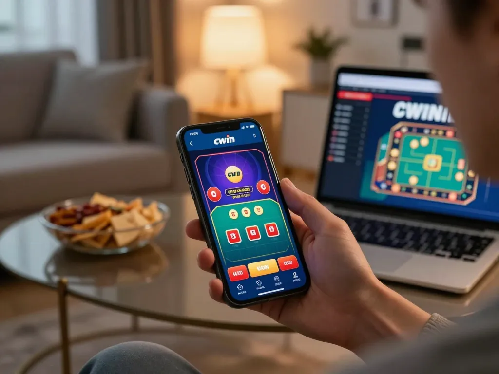 Engaging user experiencing Cwin mobile app for live dealer gaming in a cozy home atmosphere.