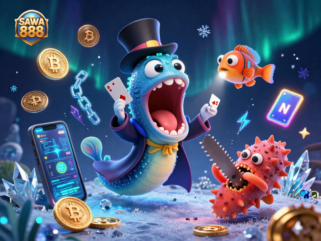 Witness SAWA 888’s magical underwater spectacle featuring luminescent characters and vibrant crypto elements.