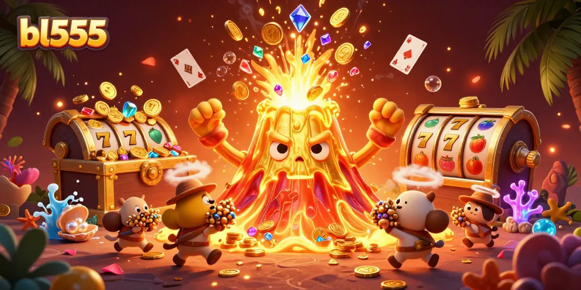Experience exciting wins with bl555 at this vibrant 3D casino-themed illustration featuring golden volcano and treasures.