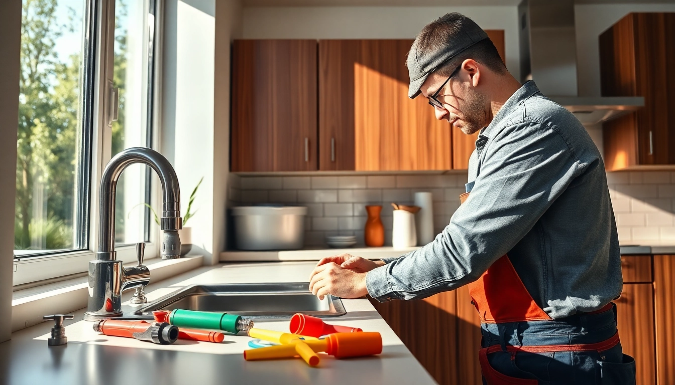 Skilled plumber near me repairing a kitchen sink with tools and natural light.
