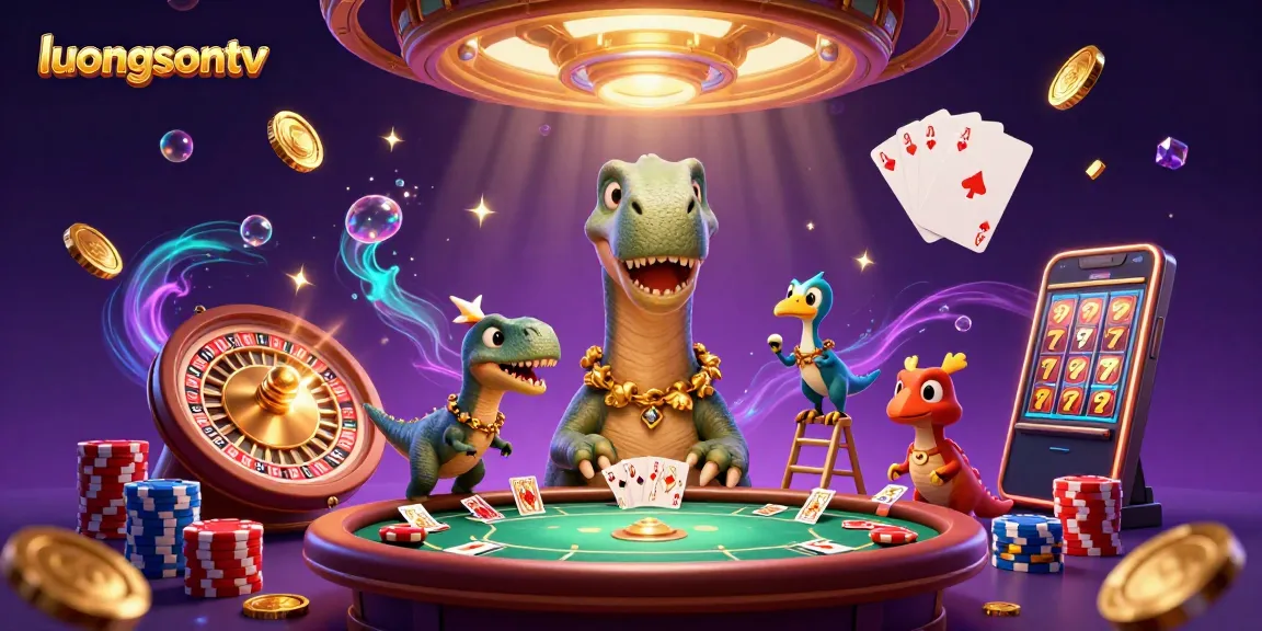 Join the excitement on luongsontv with a towering brontosaurus amid vibrant casino elements.