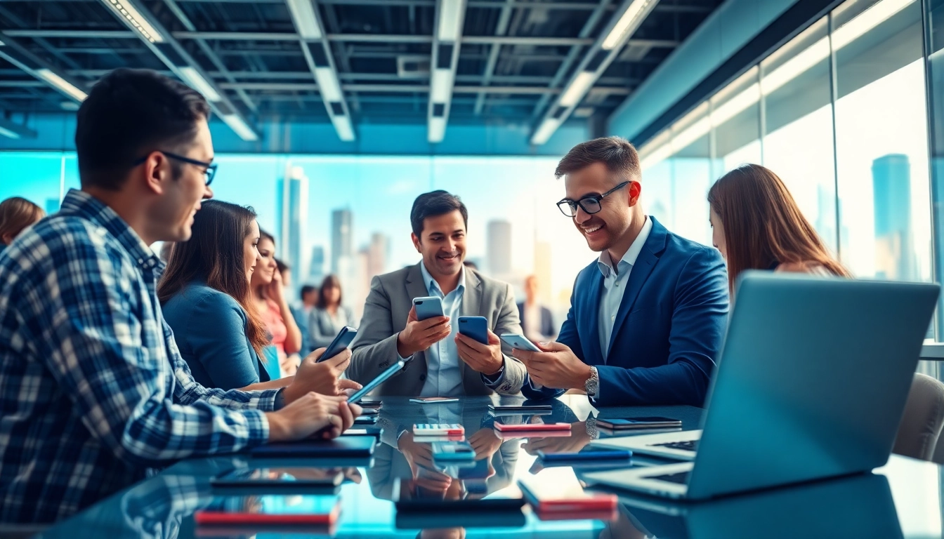 Quick Phone Buyer engaging with clients in a modern office setting filled with smartphones.