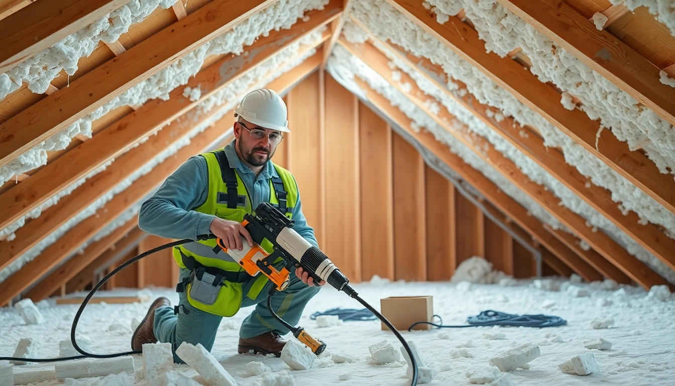 Spray foam insulation removal contractor effectively removing insulation from an attic.