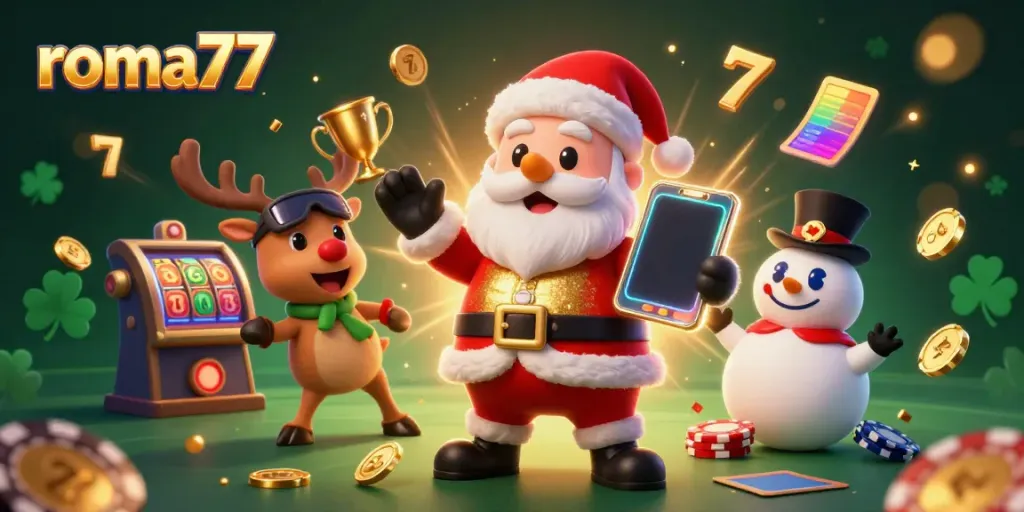 Menangkan jackpot di roma77 dengan Santa Claus 3D dan teman-teman bertema kasino.