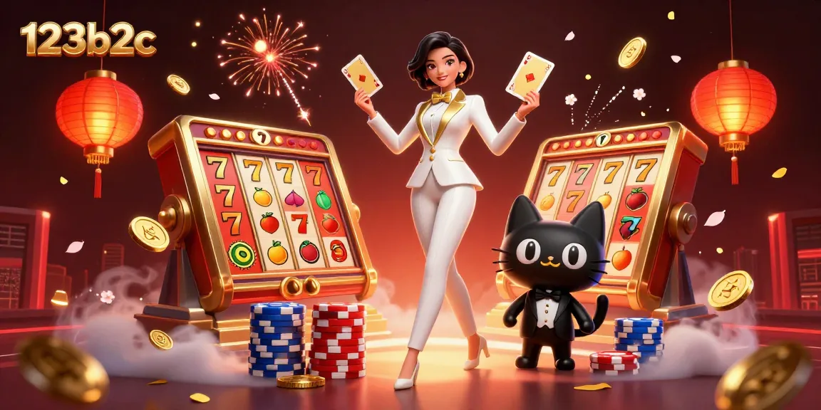 Engage with 123b2c as glamorous lady shuffles golden cards amidst a casino-themed spectacle.
