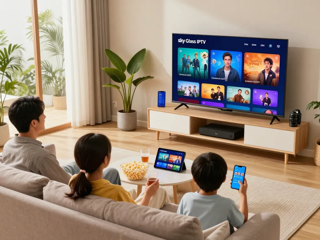 Family enjoying Sky Glass IPTV Updated APP 2026 on a smart TV in a cozy living room.