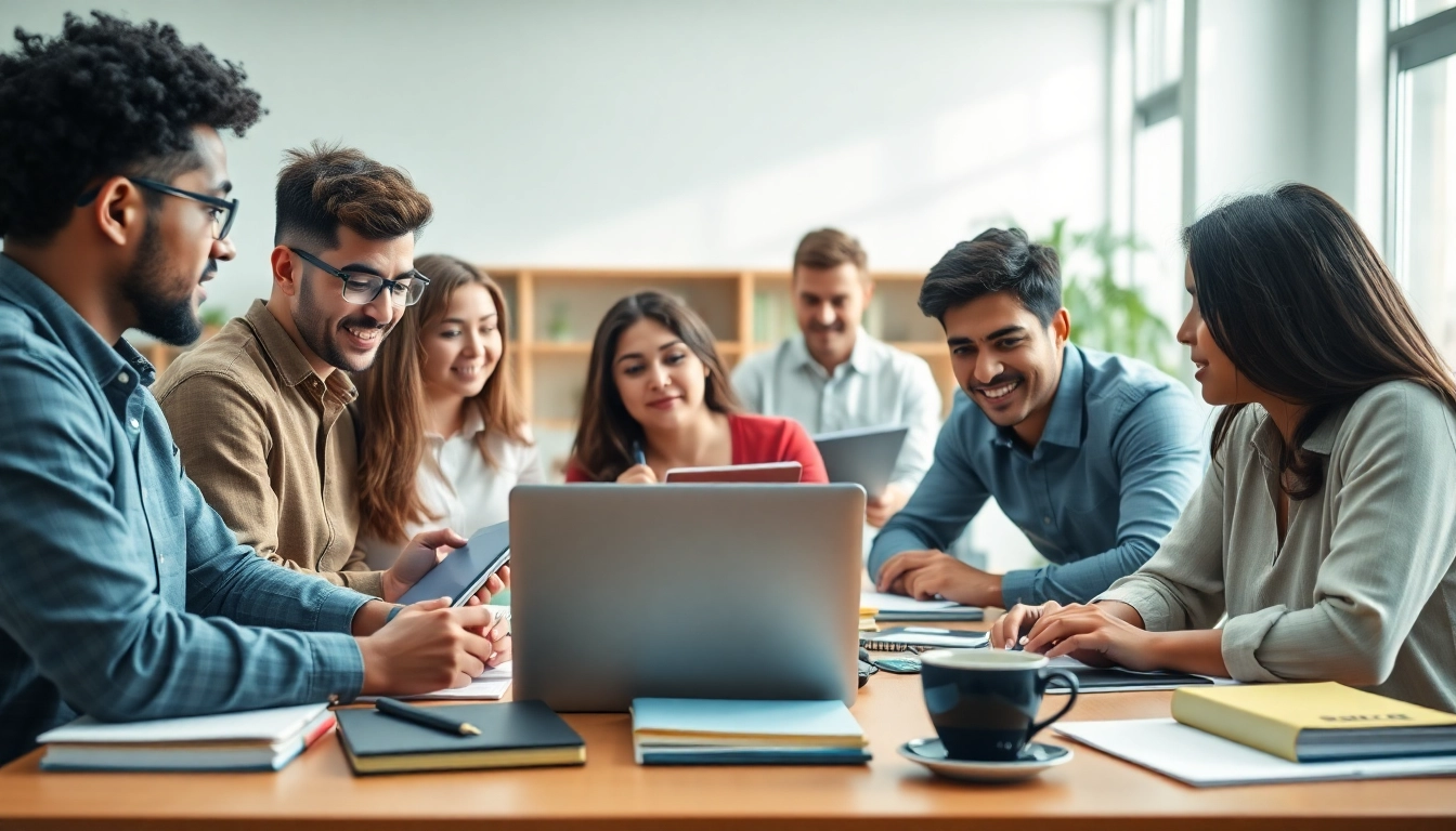 Utilize exam assistance services with students collaborating in a bright study environment
