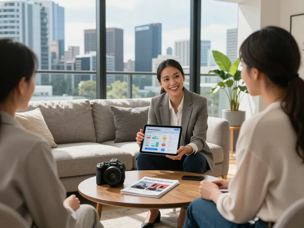 Engaging discussion on airbnb management melbourne in modern apartment showcasing rental performance analytics.